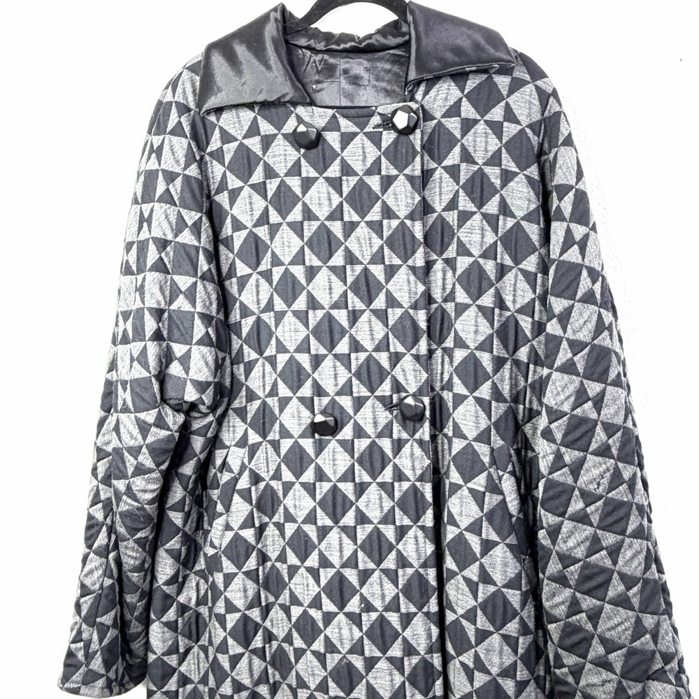 Vintage‎ Quilted Long Wool Coat 2X/3X Made In Italy Black Gray Tumbling Block - Picture 5 of 16